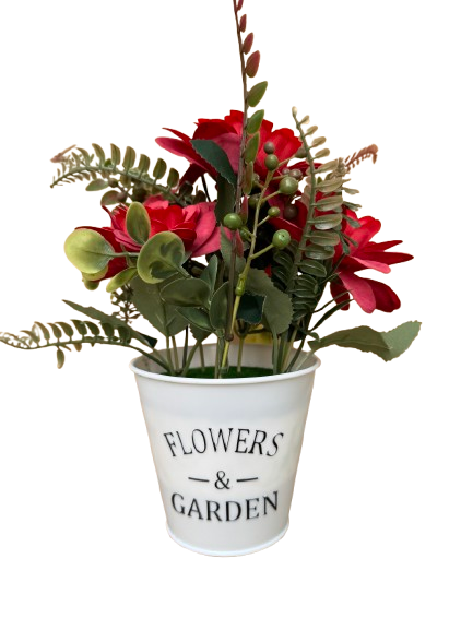 Floricele rosii artificiale in ghiveci alb din plastic, 11x25 cm [1]