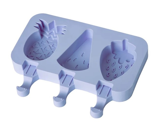Forma de inghetata din silicon,3 compartimente,capac si 50 bete incluse,model fructe