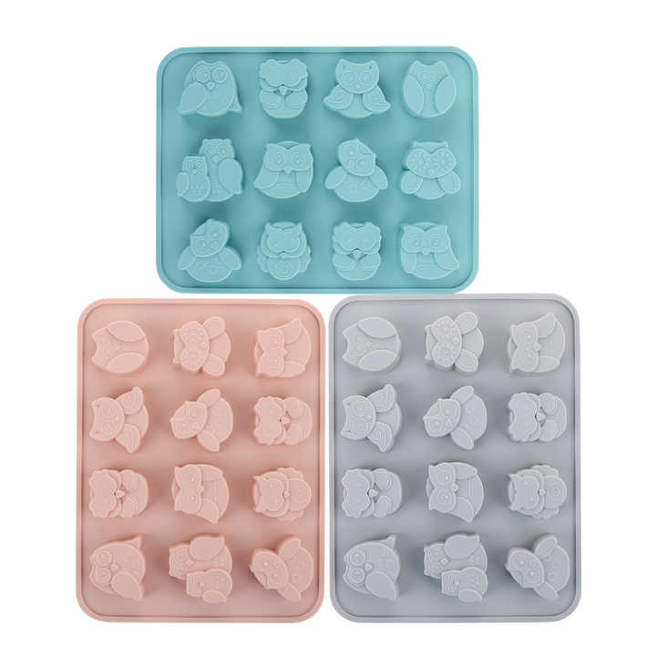 Forma din silicon pentru biscuiti, bomboane,jeleuri, model bufnite,diverse culori,12 alveole,19x14 cm [5]