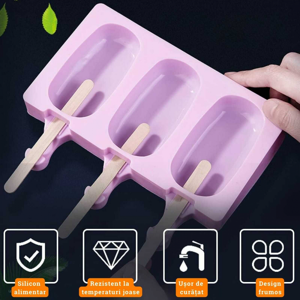 Forma pentru inghetata pe bat, 3 compartimente cu capac, 50 bete din lemn, silicon, diverse culori, 20 x 14.5 [7]