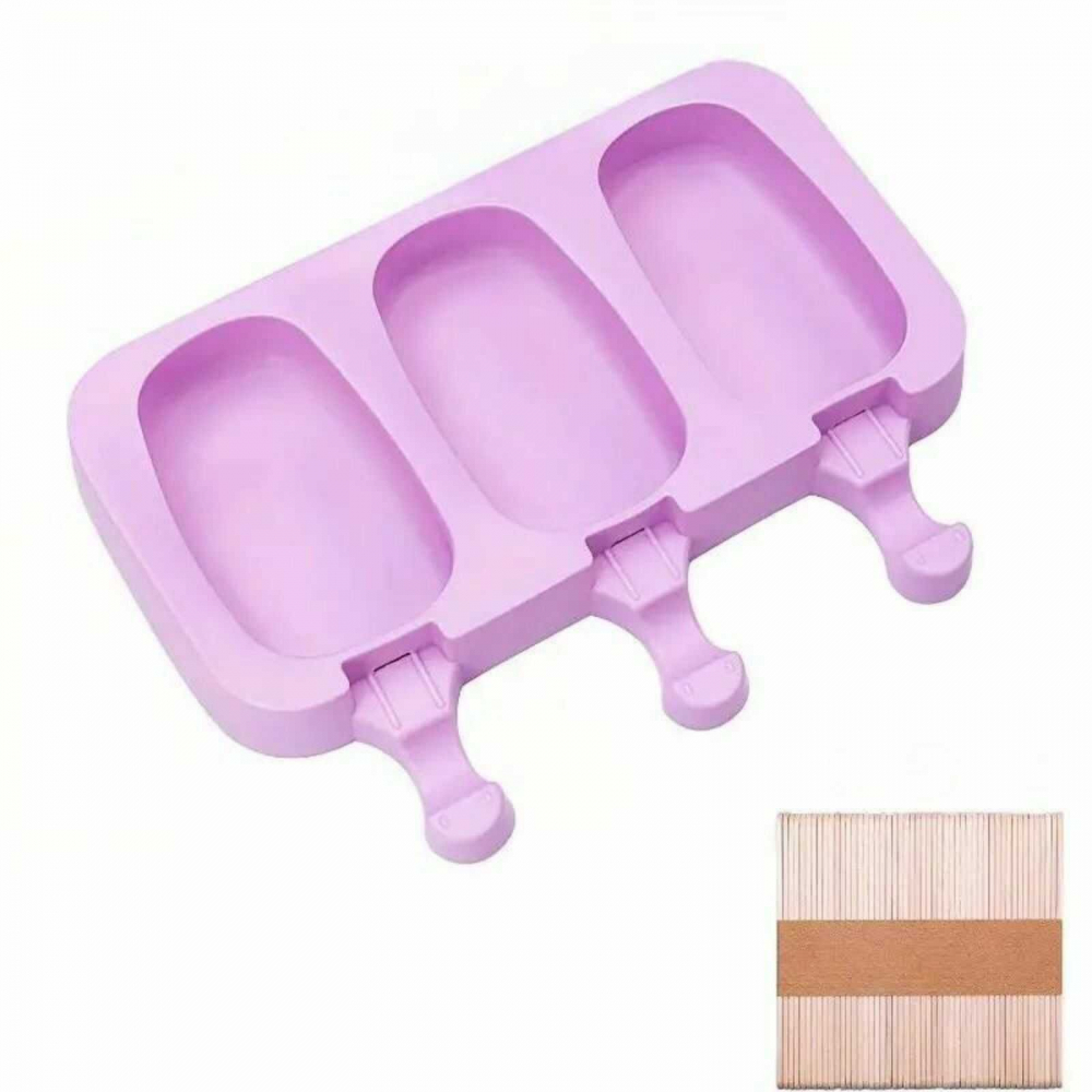 Forma pentru inghetata pe bat, 3 compartimente cu capac, 50 bete din lemn, silicon, diverse culori, 20 x 14.5