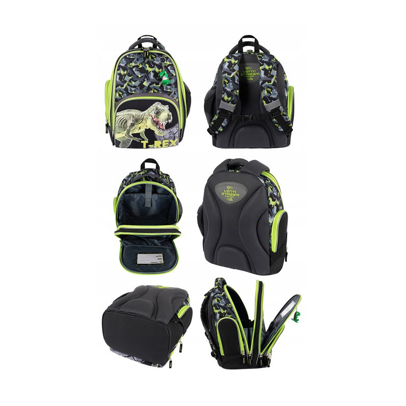 Ghiozdan Bambino TRex pentru scoala, 2 compartimente, 2 buzunare, negru cu verde, 31x20x37 cm [3]
