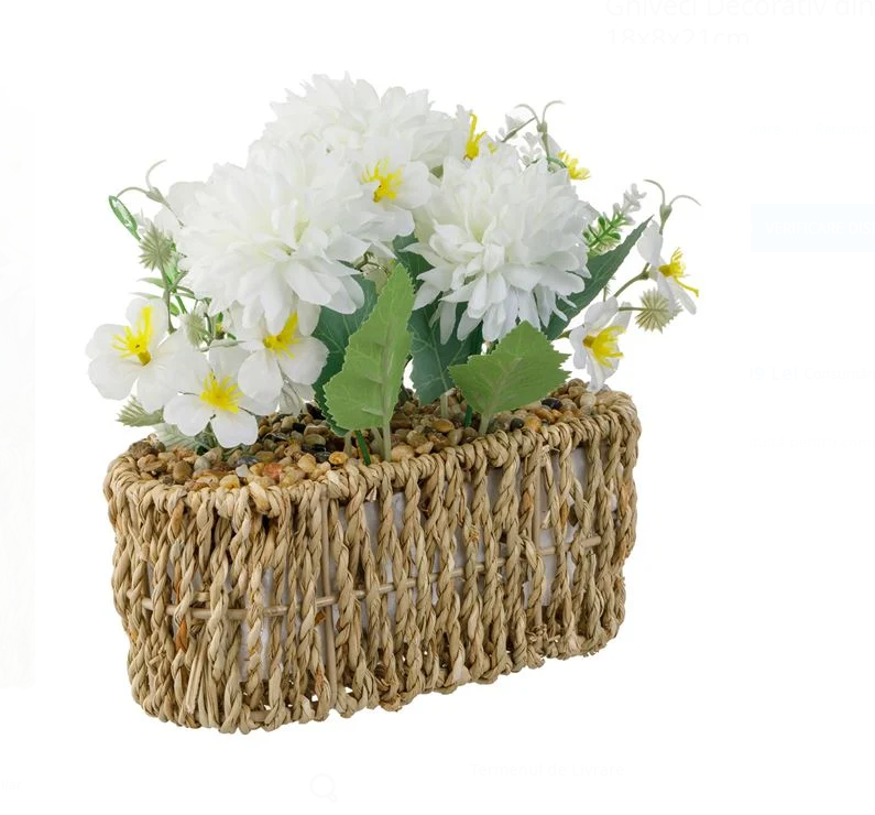 Ghiveci decorativ din rafie cu flori albe artificiale,18x8x21 cm [2]