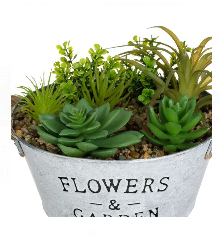 Ghiveci metalic decorativ cu plante artificiale suculente, manere iuta, Ø18x16.5 cm [3]