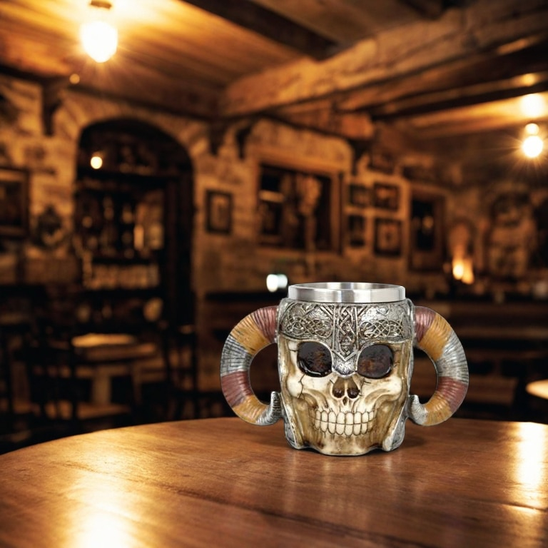Halba de bere model medieval craniu viking, inox si rasina ,400 ml [5]