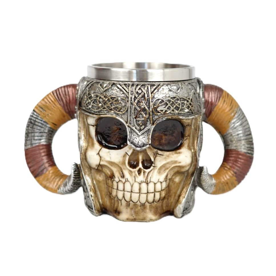 Halba de bere model medieval craniu viking, inox si rasina ,400 ml