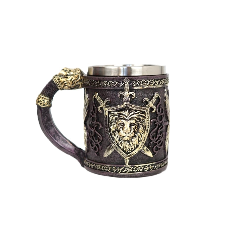 Halba de bere model medieval scut si leu, inox si rasina ,400 ml