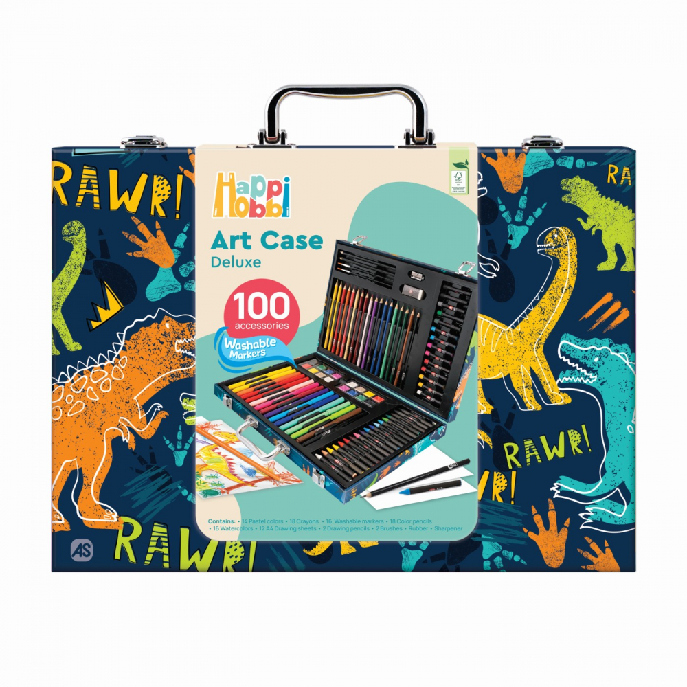 Trusa Happi Hobbi pentru desen cu 100 piese,lemn, design dinozaur,+3 ani