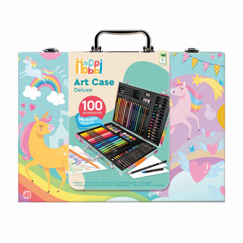 Trusa Happi Hobbi pentru desen cu 100 piese,lemn, design unicorn,+3 ani