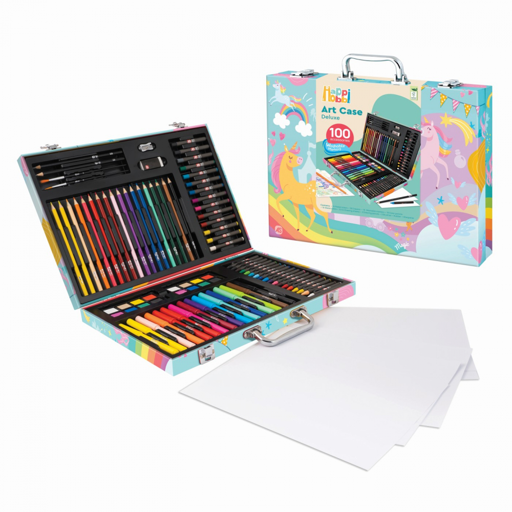Trusa Happi Hobbi pentru desen cu 100 piese,lemn, design unicorn,+3 ani [5]
