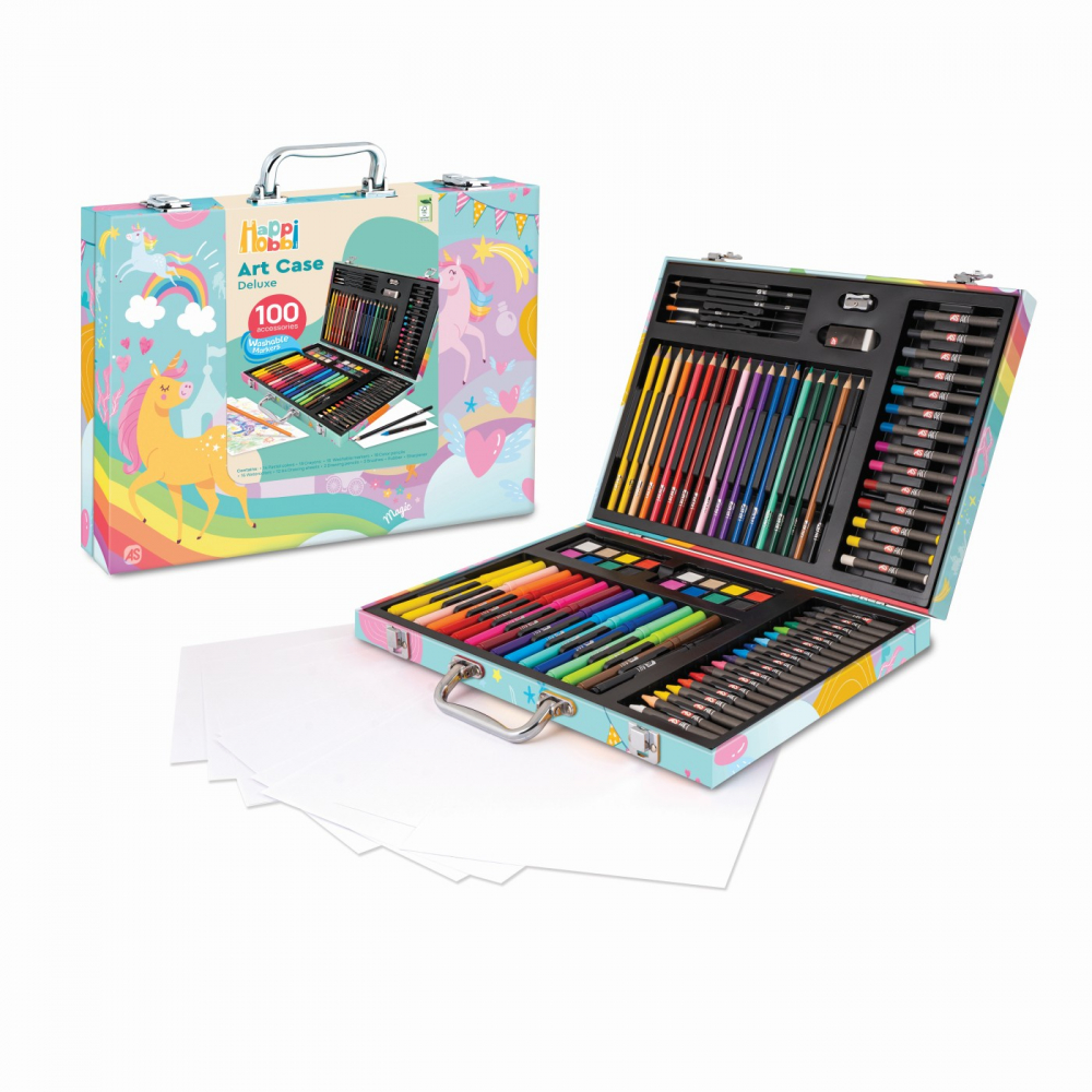 Trusa Happi Hobbi pentru desen cu 100 piese,lemn, design unicorn,+3 ani [4]
