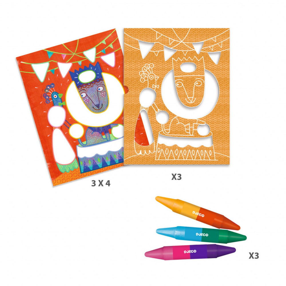 Joc creativ de desenat cu 12 planse ilustrate si 3 creioane cerate varf dublu,+18 luni [2]