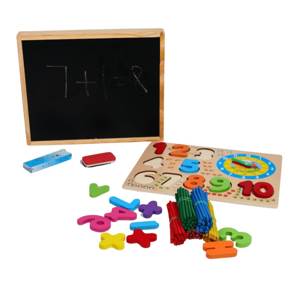 Joc educativ cu puzzle numere ,betisoare si tabla de scris cu creta,lemn,24x19x3 cm [2]