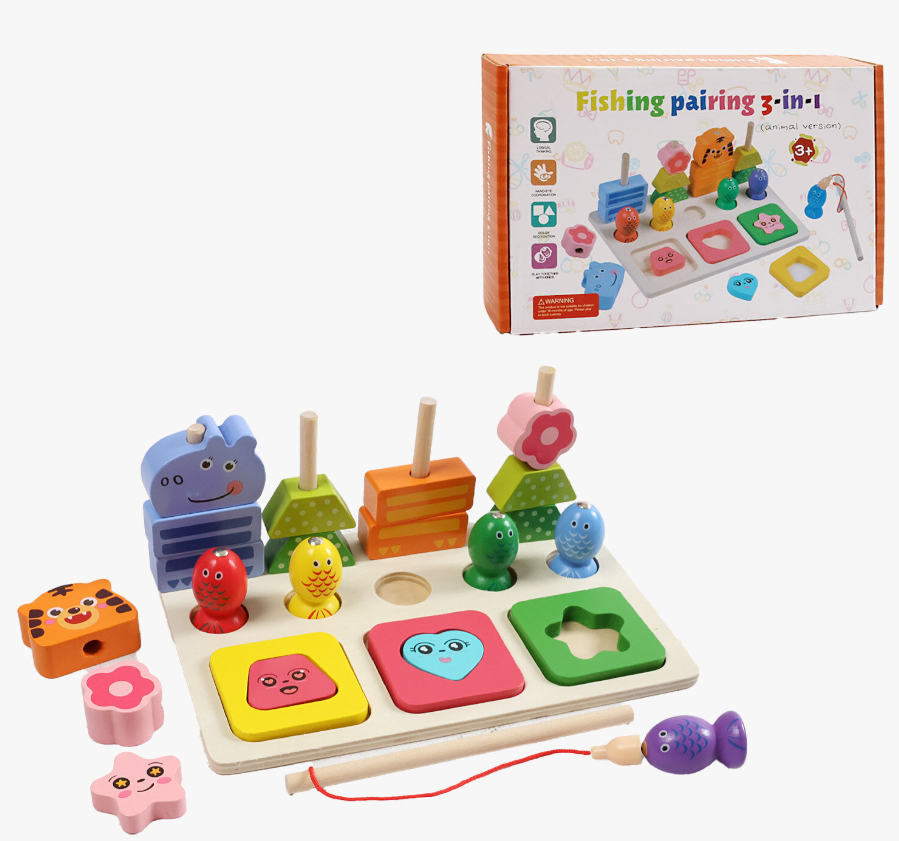 Joc educativ din lemn 3 in 1, sortator,pescuit si puzzle ,22x14 cm,+3 ani