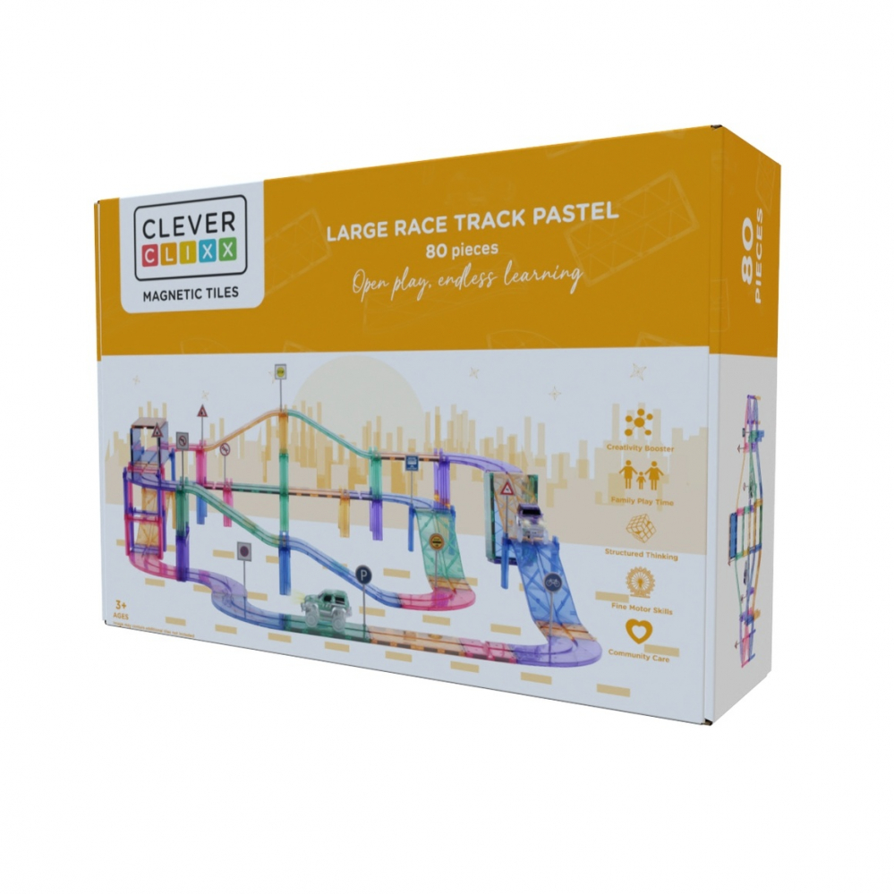Joc magnetic Traseu de curse 80 piese pastel, Cleverclixx