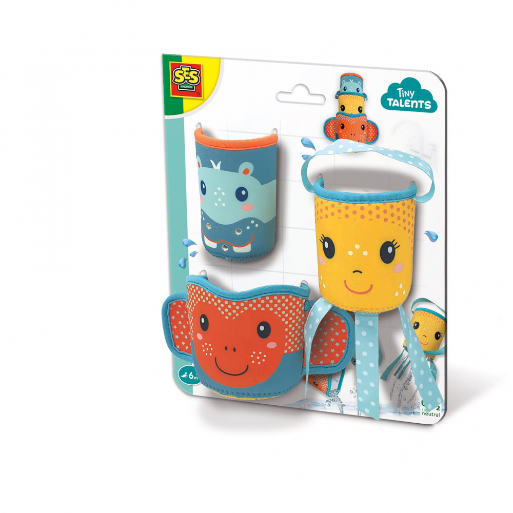 Jucarie de baie pentru copii, set 3 cani din neopren, cu animale, pentru turnare si stivuire
