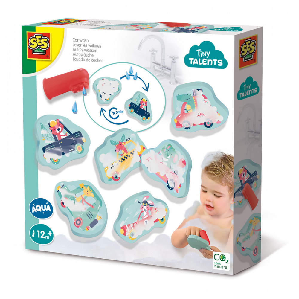 Jucarie de baie Spala masinile, set cu 6 masini din spuma si perie pentru degete