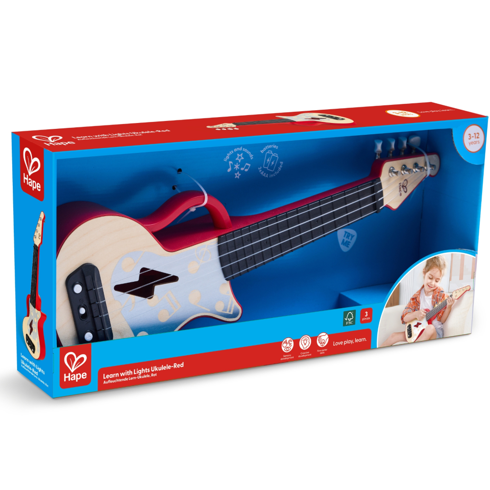 Jucărie din lemn – Ukulele roșu cu lumini, pentru copii (învață să cânți) [2]