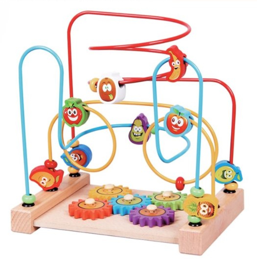 Jucarie educativa tip labirint cu bile colorate si roti zimtate, lemn, multicolor
