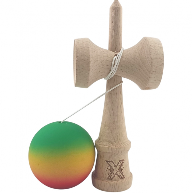 Jucărie Kendama X Originală Profesională Flippy, din lemn, Rubber Grip, 18 cm, gradient galben/verde/rosu [2]