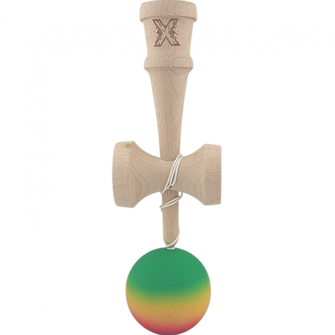 Jucărie Kendama X Originală Profesională Flippy, din lemn, Rubber Grip, 18 cm, gradient galben/verde/rosu [3]