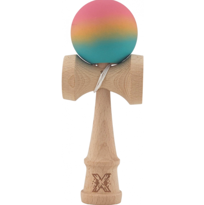 Jucărie Kendama X Originală Profesională Flippy, din lemn, Rubber Grip, 18 cm, gradient roz/galben/albastru [1]