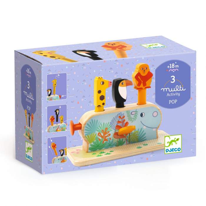 Jucarie pop-up multi activity cu 3 animale,lemn,+18 luni