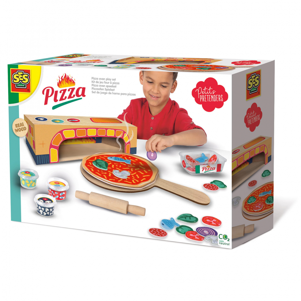 Set cuptor cu pizza de jucarie pentru copii, din lemn, cu ingrediente si accesorii pentru joc de rol