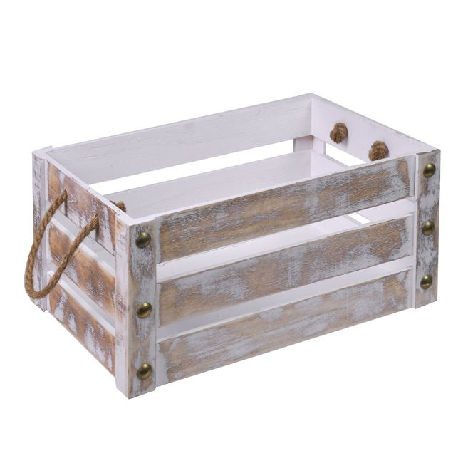 Lada decorativa Vintage cu manere din sfoara,lemn,alb-auriu,36x25x18 cm