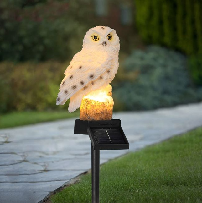Lampa solara de gradina cu figurina Bufnita, LED alb cald, stick negru, 44 cm