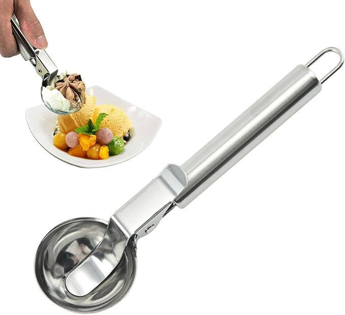 Lingura pentru inghetata cu declansator pe maner, inox,20.5x5.5 cm