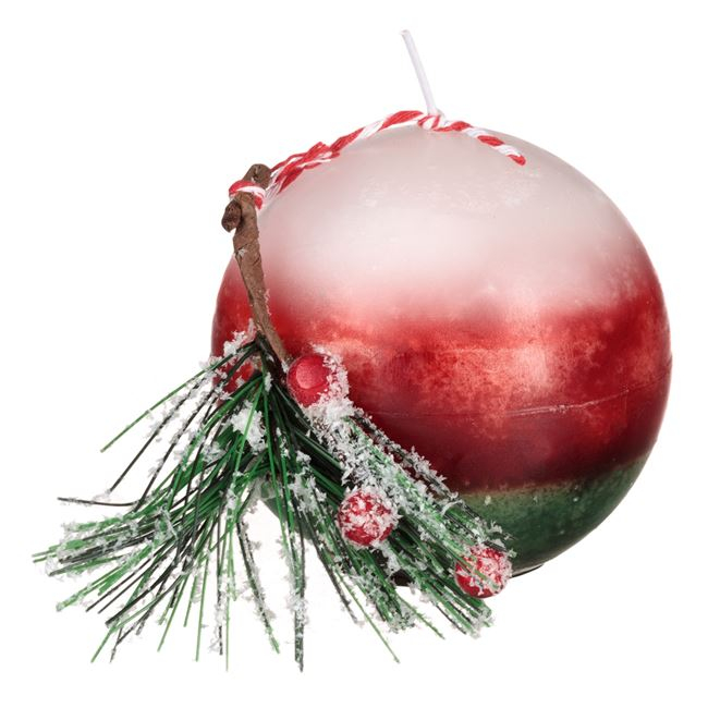 Lumanare decorativa Craciun tip sfera cu crenguta pin,alb-rosu,8 cm