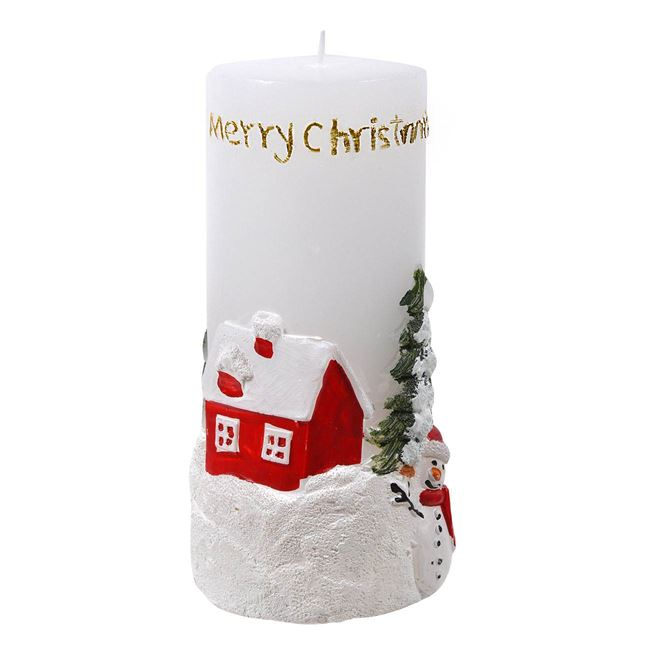 Lumanare decorativa pentru Craciun,mesaj Merry Christmas,alb,7.5x15.5 cm