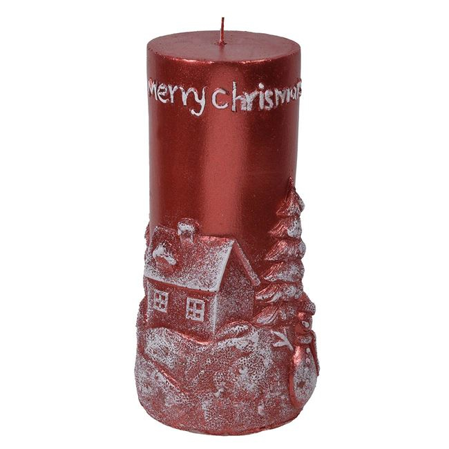 Lumanare decorativa pentru Craciun,mesaj Merry Christmas,rosu,7.5x15.5 cm