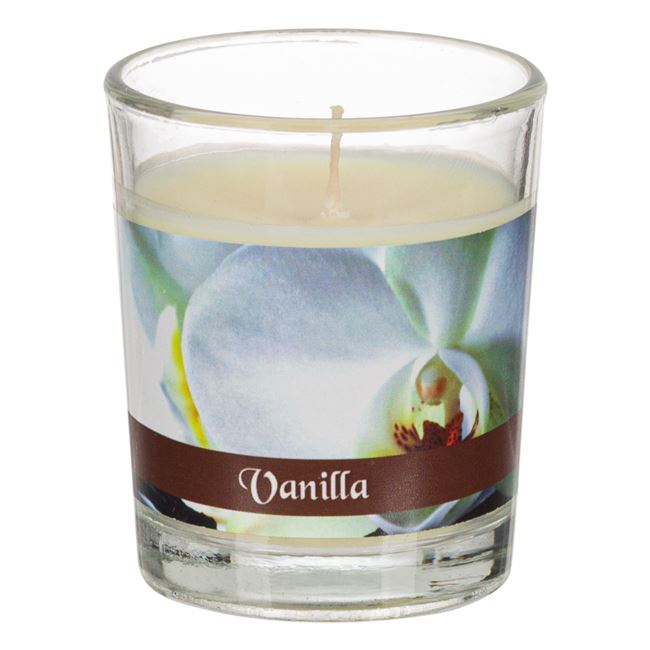 Lumanare parfumata cu aroma proaspata de vanilie, in pahar, 5 x 6.5 cm