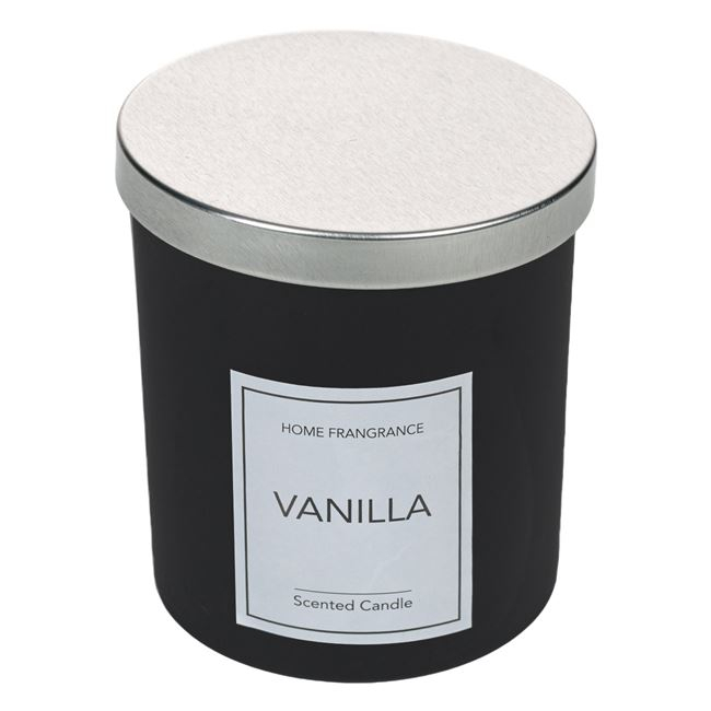 Lumanare parfumata cu aroma proaspata de vanilie, in pahar negru cu capac, 8,5x9 cm