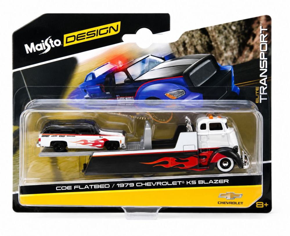 MAISTO DESIGN ELITE TRANSPORT SET CAMION CU RAMPA COE FLATBED SI MASINUTA CHEVROLET K5 BLAZER 1979 SCARA 1 LA 64 [2]