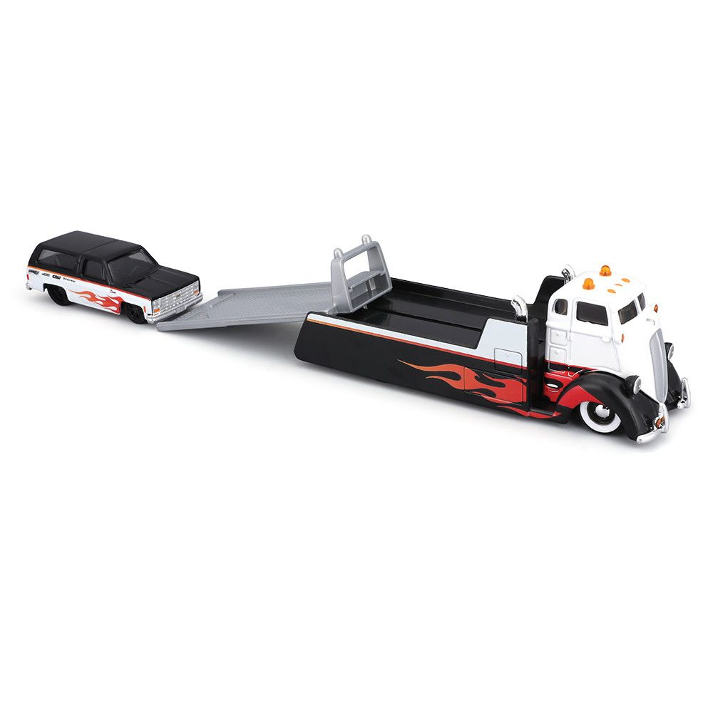 MAISTO DESIGN ELITE TRANSPORT SET CAMION CU RAMPA COE FLATBED SI MASINUTA CHEVROLET K5 BLAZER 1979 SCARA 1 LA 64 [5]