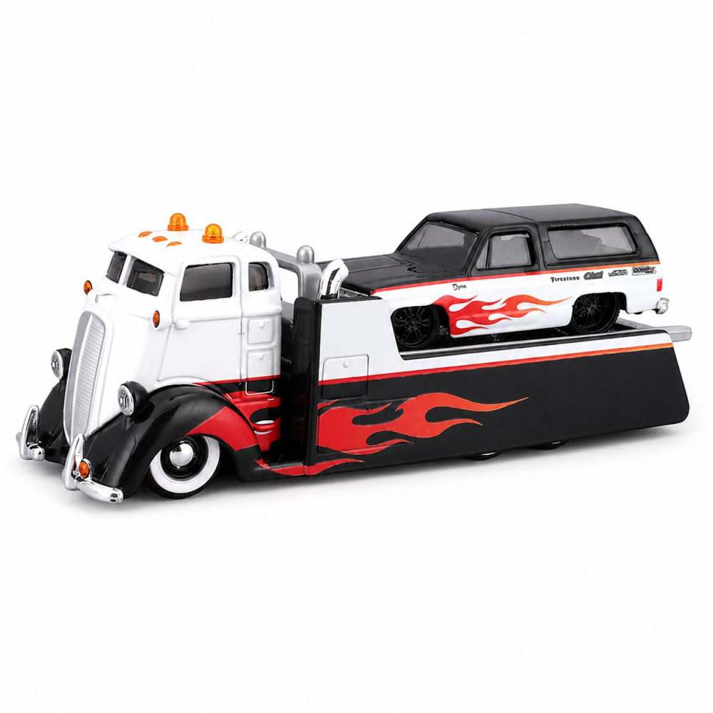 MAISTO DESIGN ELITE TRANSPORT SET CAMION CU RAMPA COE FLATBED SI MASINUTA CHEVROLET K5 BLAZER 1979 SCARA 1 LA 64 [3]