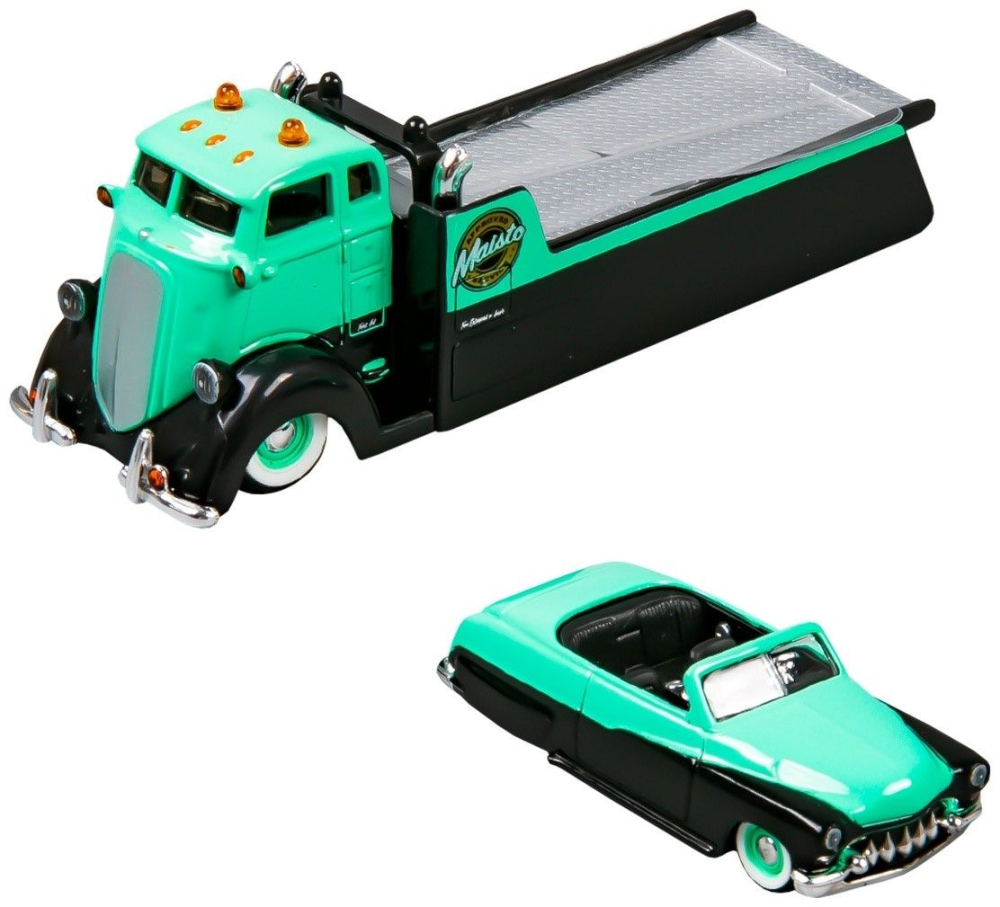 MAISTO DESIGN ELITE TRANSPORT SET CAMION CU RAMPA COE FLATBED SI MASINUTA MERCURY CUSTOM 1950 SCARA 1 LA 64 [3]