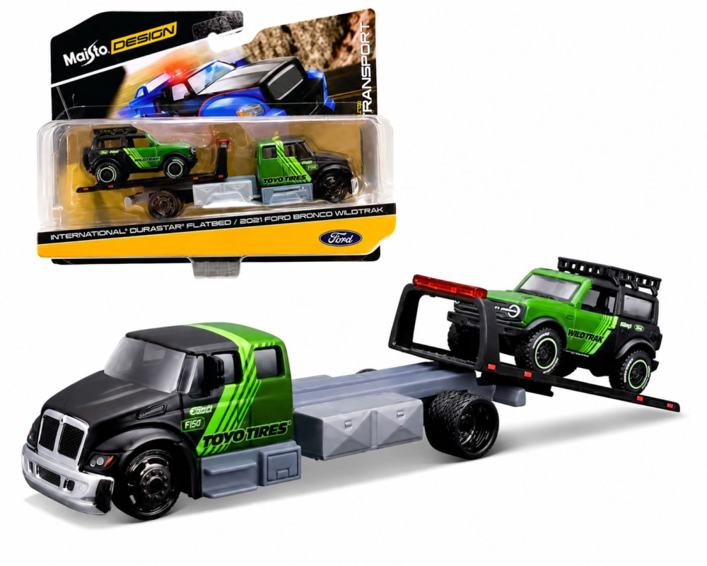 MAISTO DESIGN ELITE TRANSPORT SET CAMION CU RAMPA INTERNATIONAL DURASTAR FLATBED SI MASINUTA FORD BRONCO WILDTRAK 2021 SCARA 1 LA 64 [4]