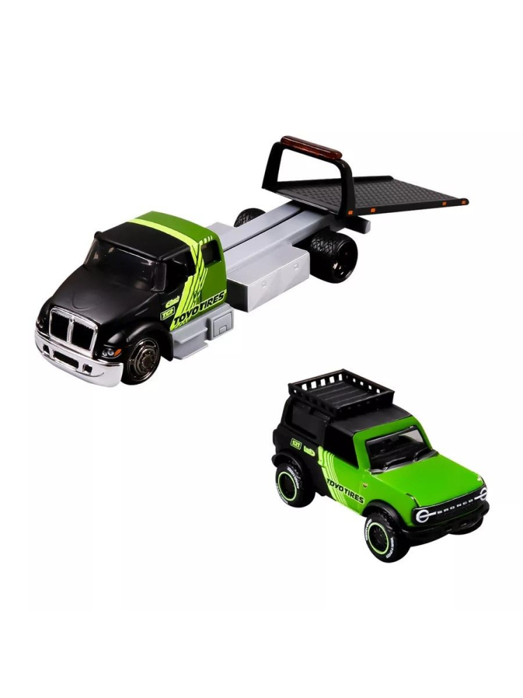 MAISTO DESIGN ELITE TRANSPORT SET CAMION CU RAMPA INTERNATIONAL DURASTAR FLATBED SI MASINUTA FORD BRONCO WILDTRAK 2021 SCARA 1 LA 64 [3]