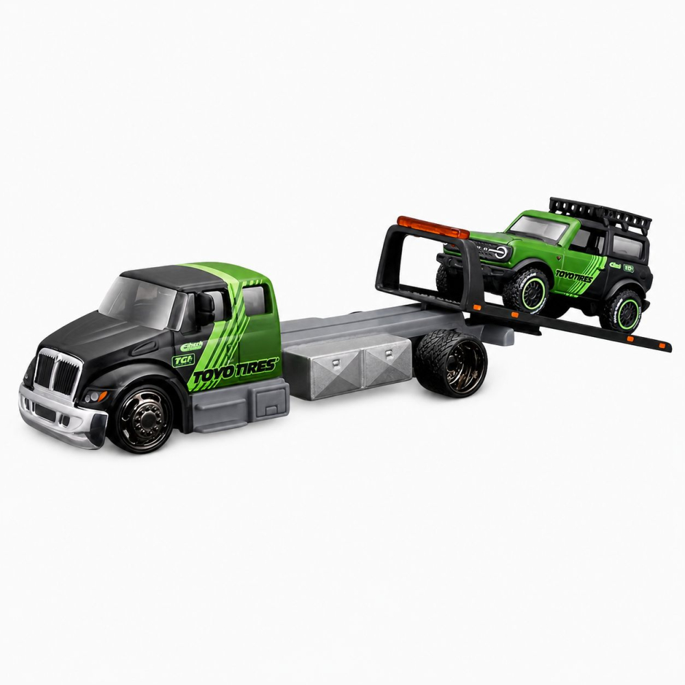 MAISTO DESIGN ELITE TRANSPORT SET CAMION CU RAMPA INTERNATIONAL DURASTAR FLATBED SI MASINUTA FORD BRONCO WILDTRAK 2021 SCARA 1 LA 64 [2]