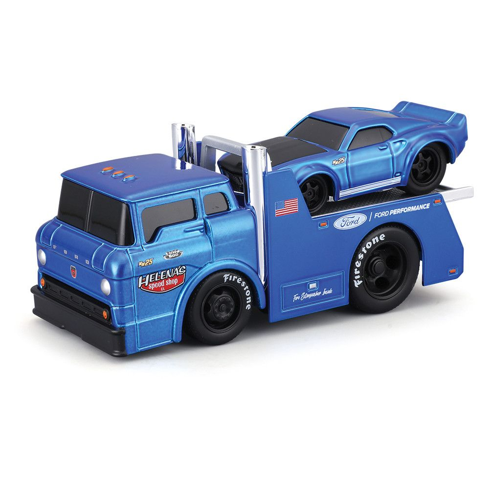 MAISTO MUSCLE TRANSPORTS SET CAMION CU PLATFORMA FORD C600 FLATBED 1966 SI MASINUTA FORD MUSTANG GT 1969  SCARA 1 LA 64 [2]