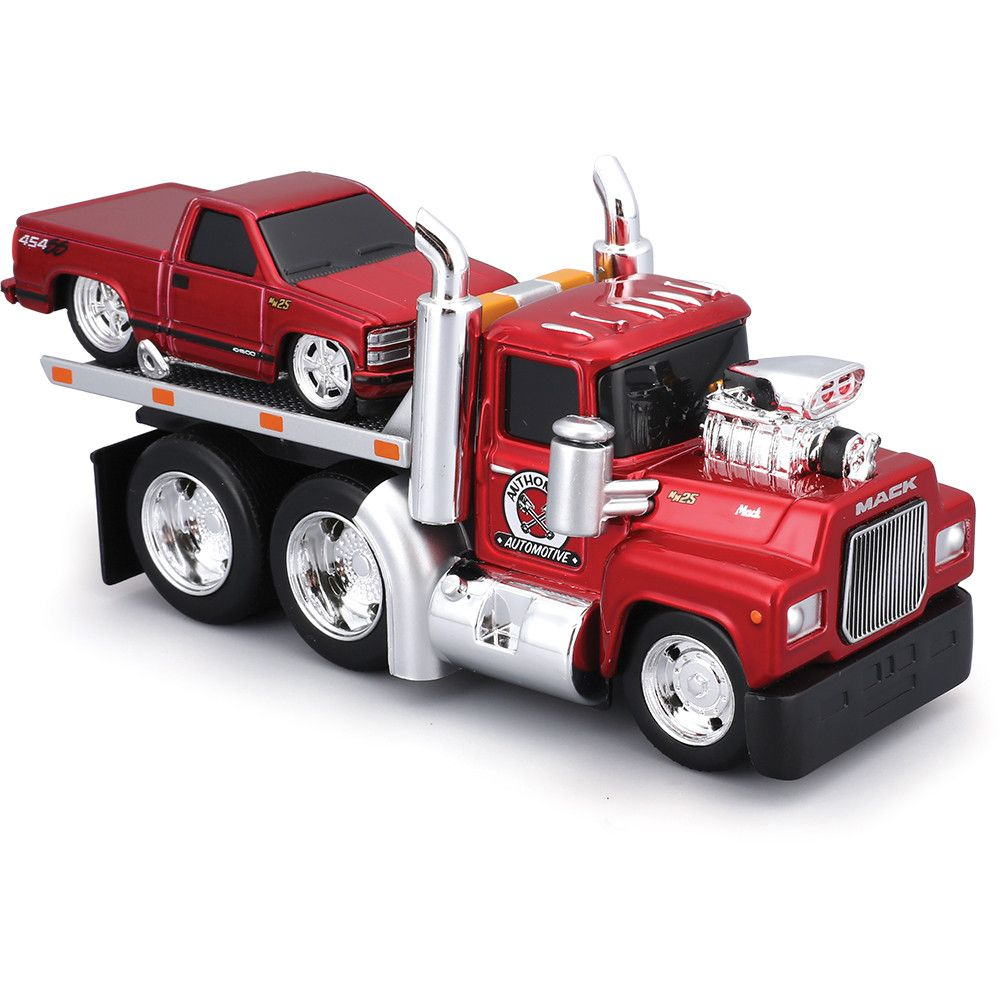 MAISTO MUSCLE TRANSPORTS SET CAMION CU PLATFORMA MACK R685ST FLATBED 1980 SI MASINUTA CHEVROLET 454 SS PICKUP 1993 SCARA 1 LA 64 [7]