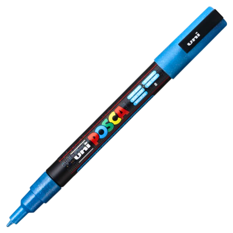 Marker PC-3M Posca cu vopsea pe baza de apa,varf fin, 0.9-1.3 mm,albastru deschis cu sclipici
