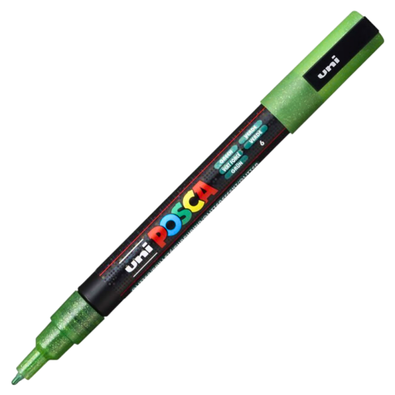 Marker PC-3M Posca cu vopsea pe baza de apa,varf fin, 0.9-1.3 mm,verde cu sclipici