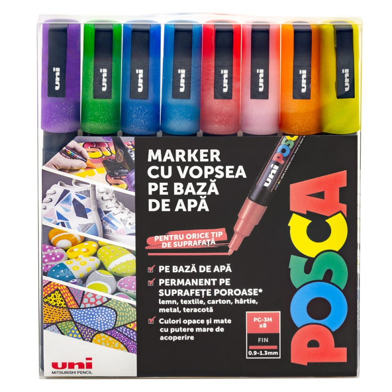 Marker UNI PC-3ML Posca 0.9-1.3 mm,varf fin,set 8 culori cu sclipici [2]