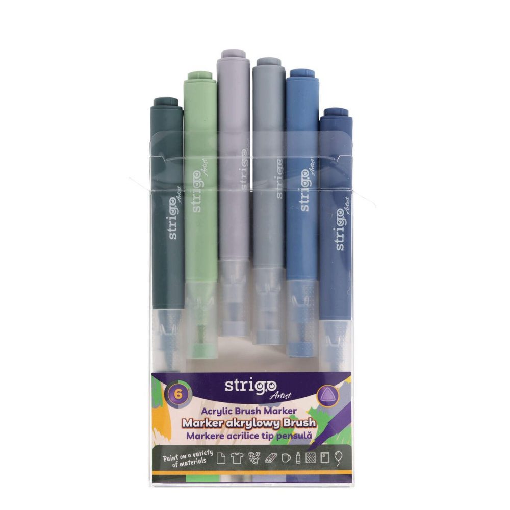 Markere acrilice Strigo – Set 6 culori, vârf tip pensulă [2]