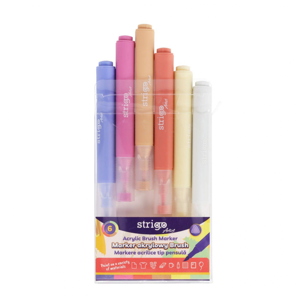 Markere acrilice Strigo – Set 6 culori, vârf tip pensulă [5]